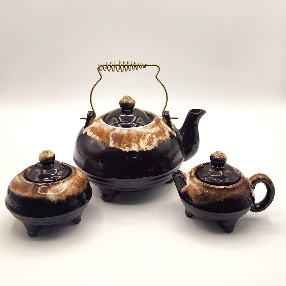 Vintage Redware Drip Glaze Teapot Creamer Sugar Set Wire Handle Ceramic Japan